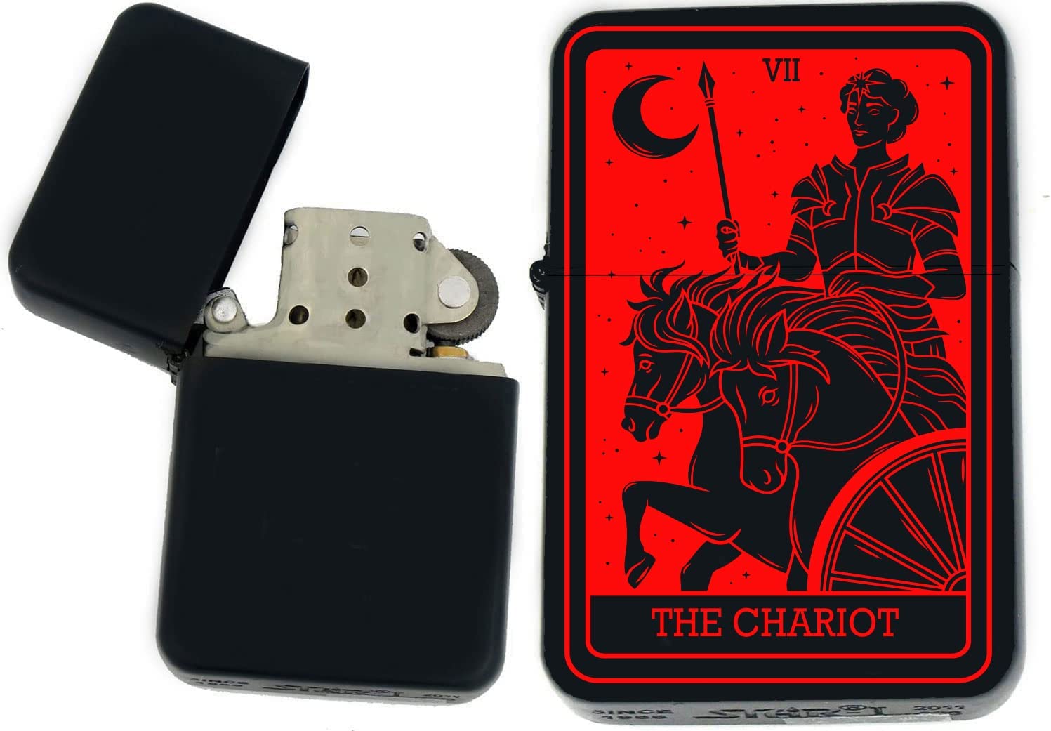 GIFTS INFINITY - Custom Tarot Card Windproof Lighters - Black Matt (The-Chariot Red)