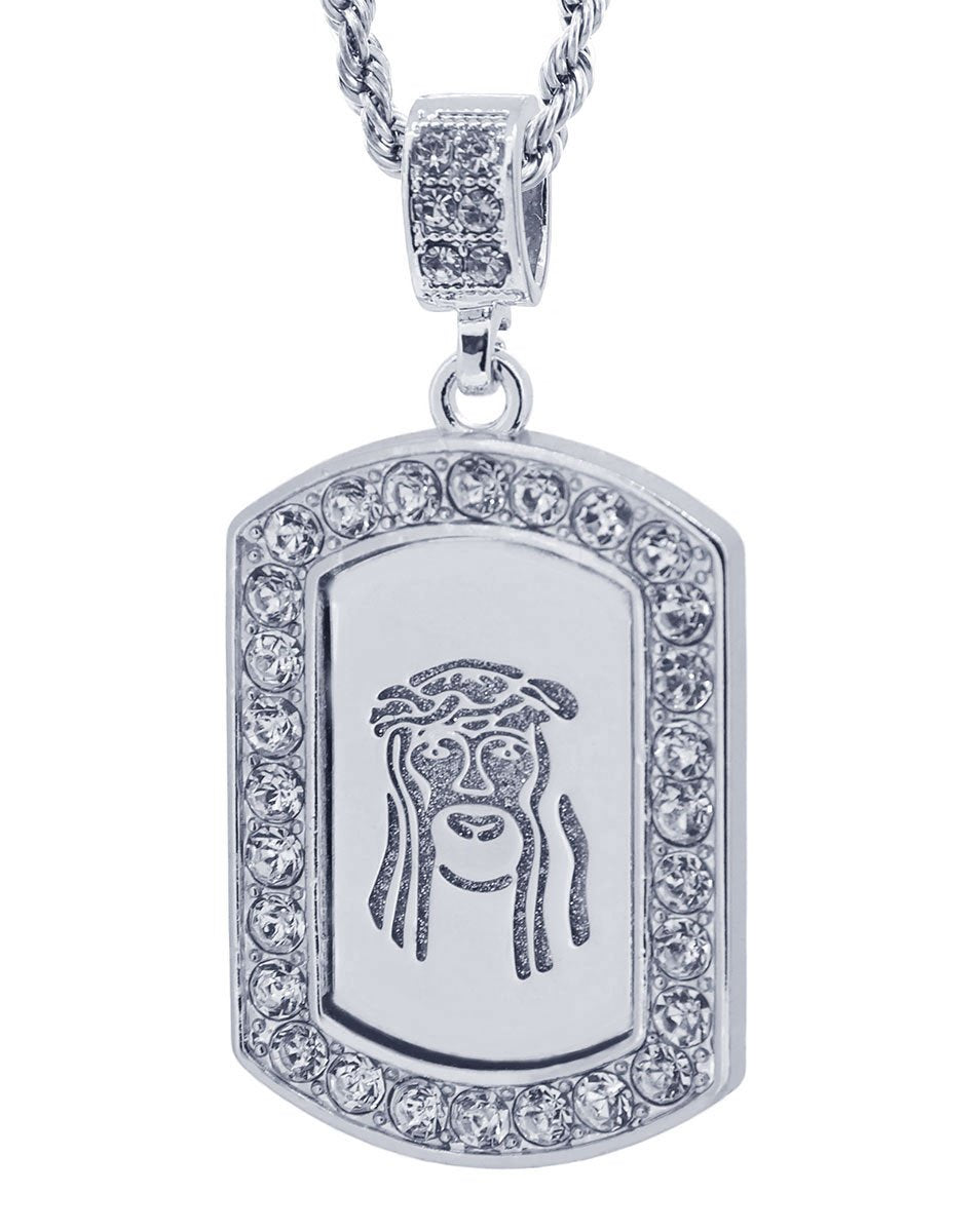 GIFTS INFINITY Silver Tone Dog Tag Style Jesus Face Pave Pendant Free 24" Rope Chain #2032