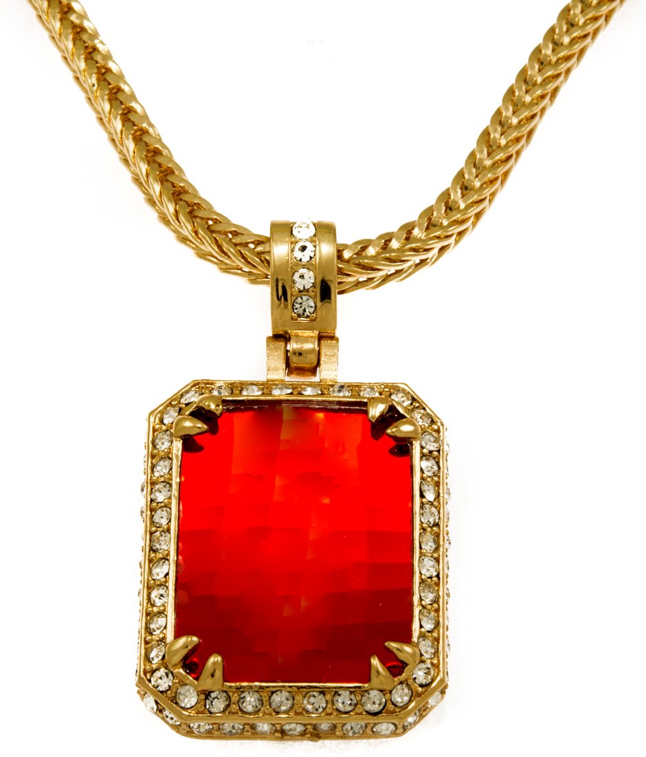 GIFTS INFINITY Gold Tone Synthetic Cz Stone Men Rick Ross Hip-Hop Pendant Charm with Free 36" Chain (Red), Trendy Celebrity Jewelry