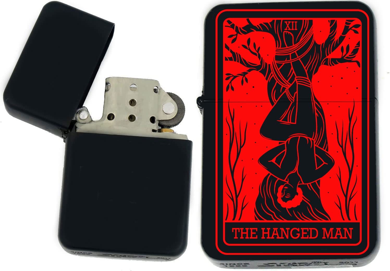 GIFTS INFINITY - Custom Tarot Card Windproof Lighters - Black Matt (The-Hangman Red)