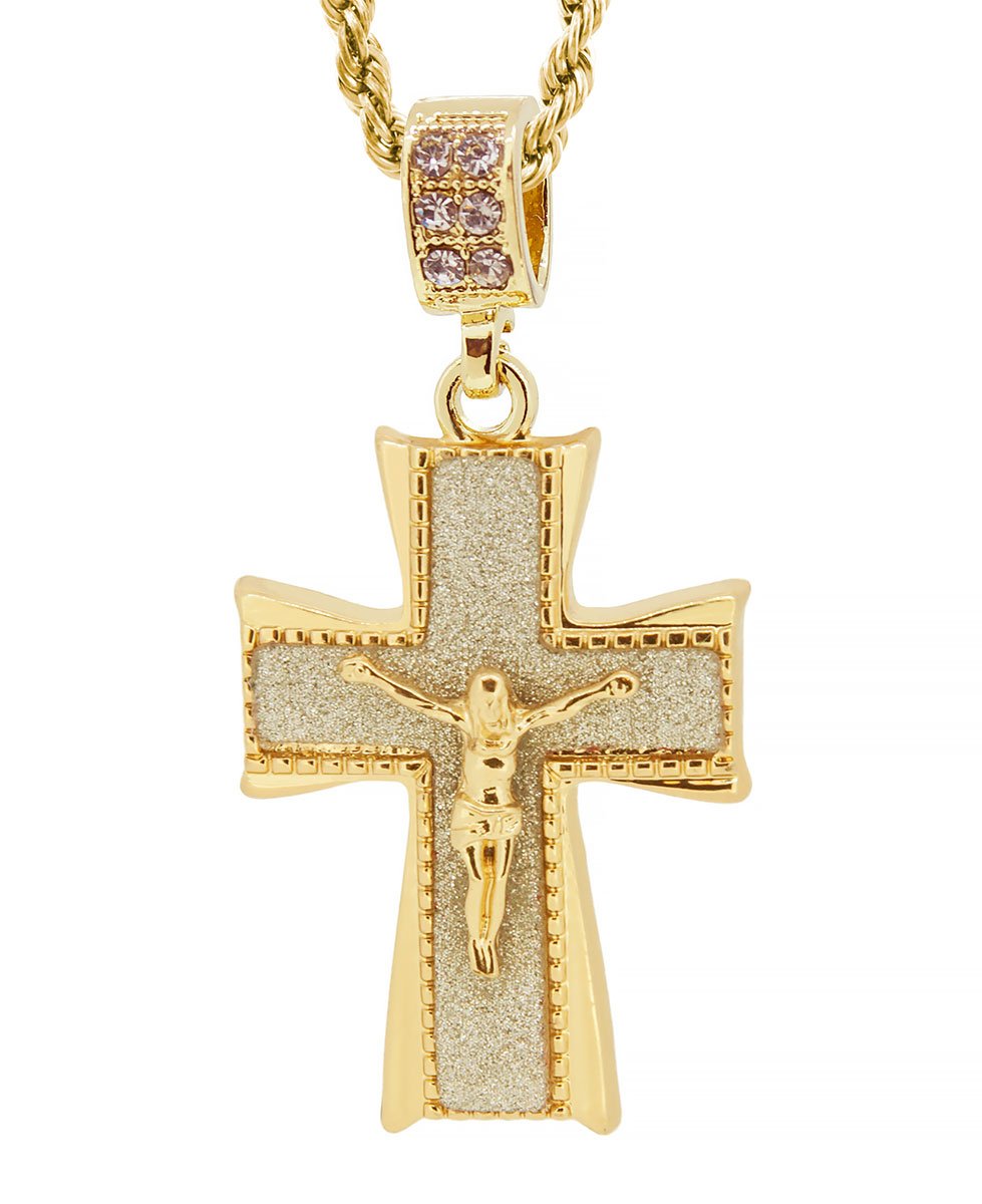 GIFTS INFINITY Gold Tone The Double Inlay Pave Crucifix Cross Pendant Free 24" Rope Chain #2011