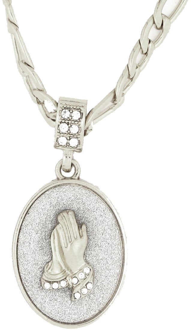 GIFTS INFINITY Silver Tone Oval Praying Hands Pendant with Pave Stones – Includes 24” Chain