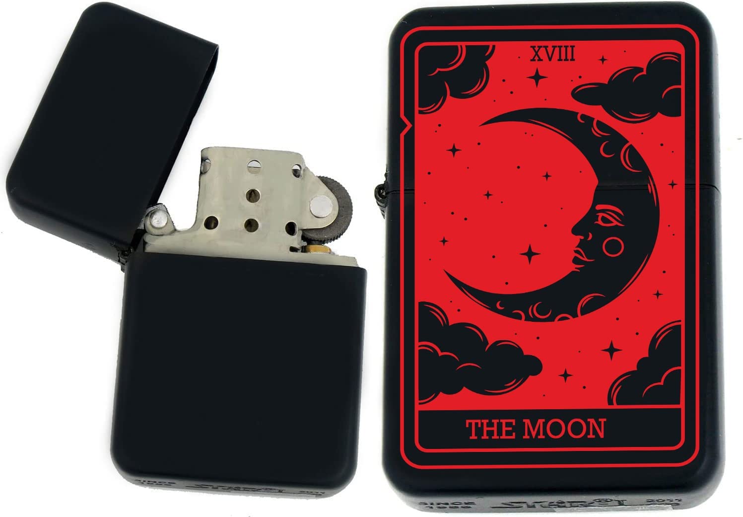GIFTS INFINITY - Custom Tarot Card Windproof Lighters - Black Matt (The-Moon Red)