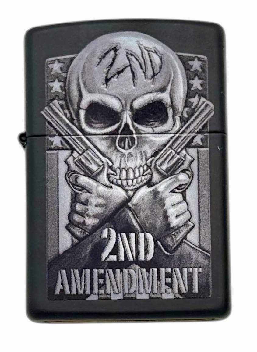 Custom Personalized Zippo Second Amendment, Skull and Guns, Brushed Chrome Classic Windproof lighters - Free Engraving (Matt Black)