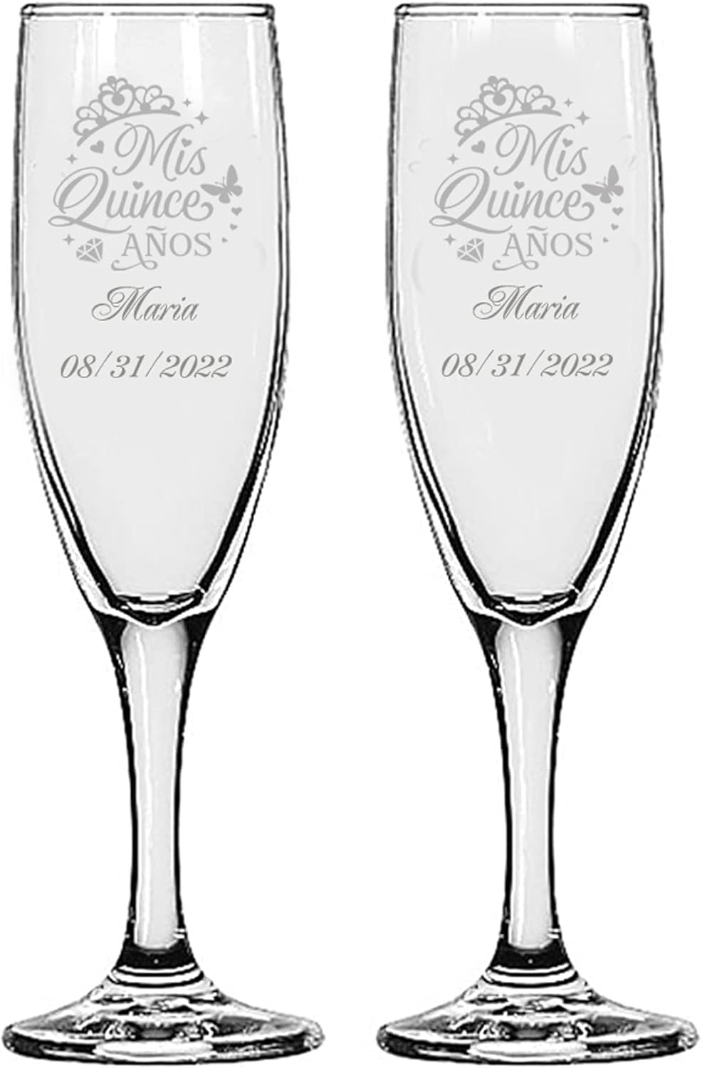 GIFTS INFINITY® Engraved Wedding Mis Quince Anos (Quinceañera) Champagne Flutes Set of 2 Personalized Toasting Glasses - Valentine's Day Gift