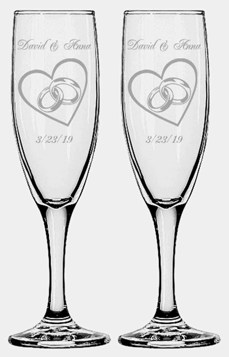 GIFTS INFINITY Engraved Wedding Champagne Flutes Set of 2 Personalized Toasting Glasses (Hearts with Rings)