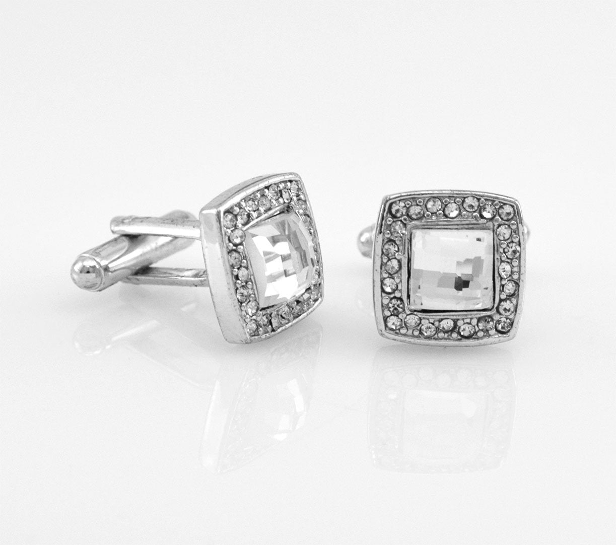 Elegant CZ Square Design Silver Tone Cufflinks Gift Boxed