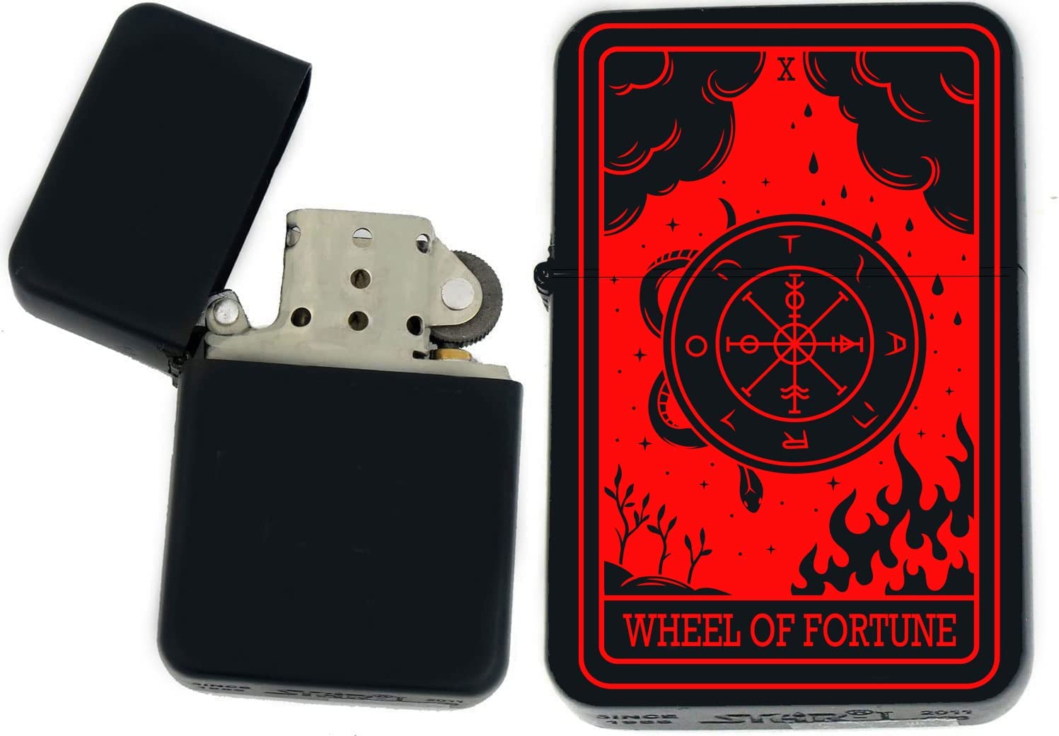 GIFTS INFINITY - Custom Tarot Card Windproof Lighters-Black Matt (Wheel-of-Fortune Red)