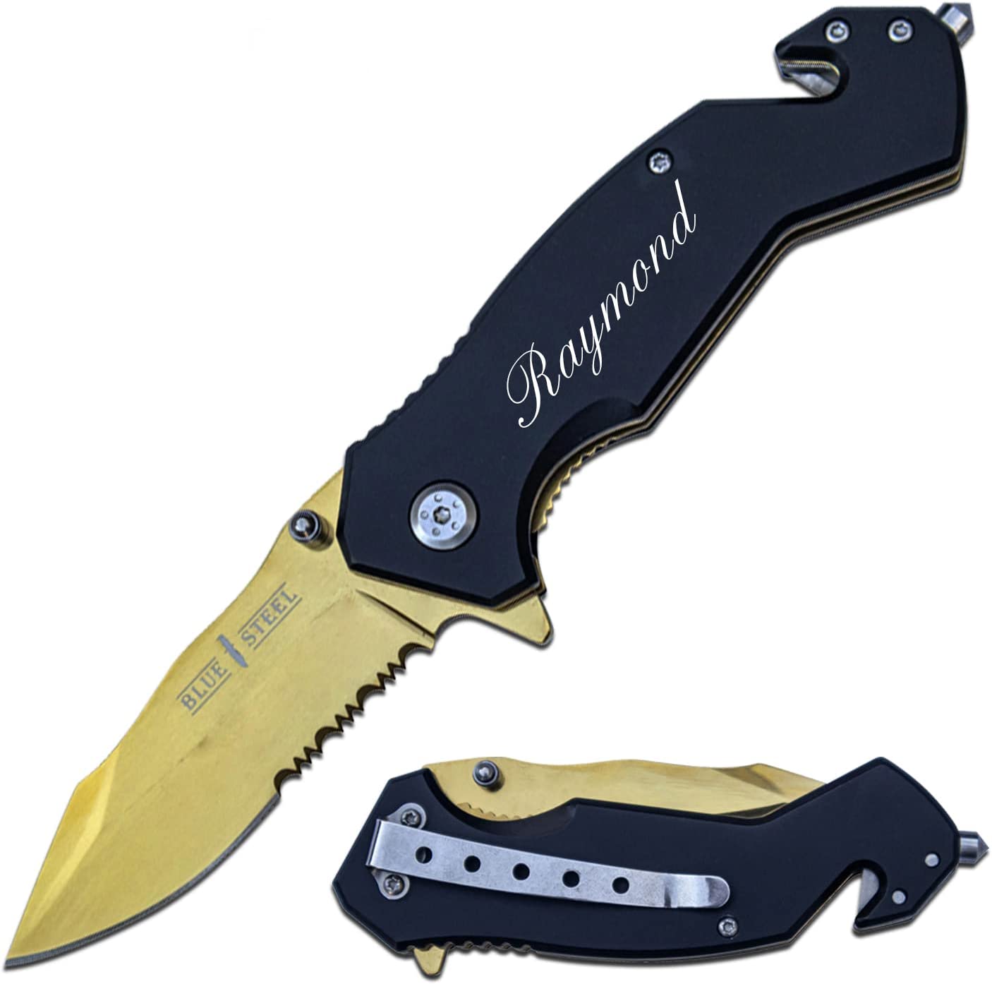 Blue Steel - Personalized Laser Engraved Pocket Knife with Tactical Auto Rescue Tool