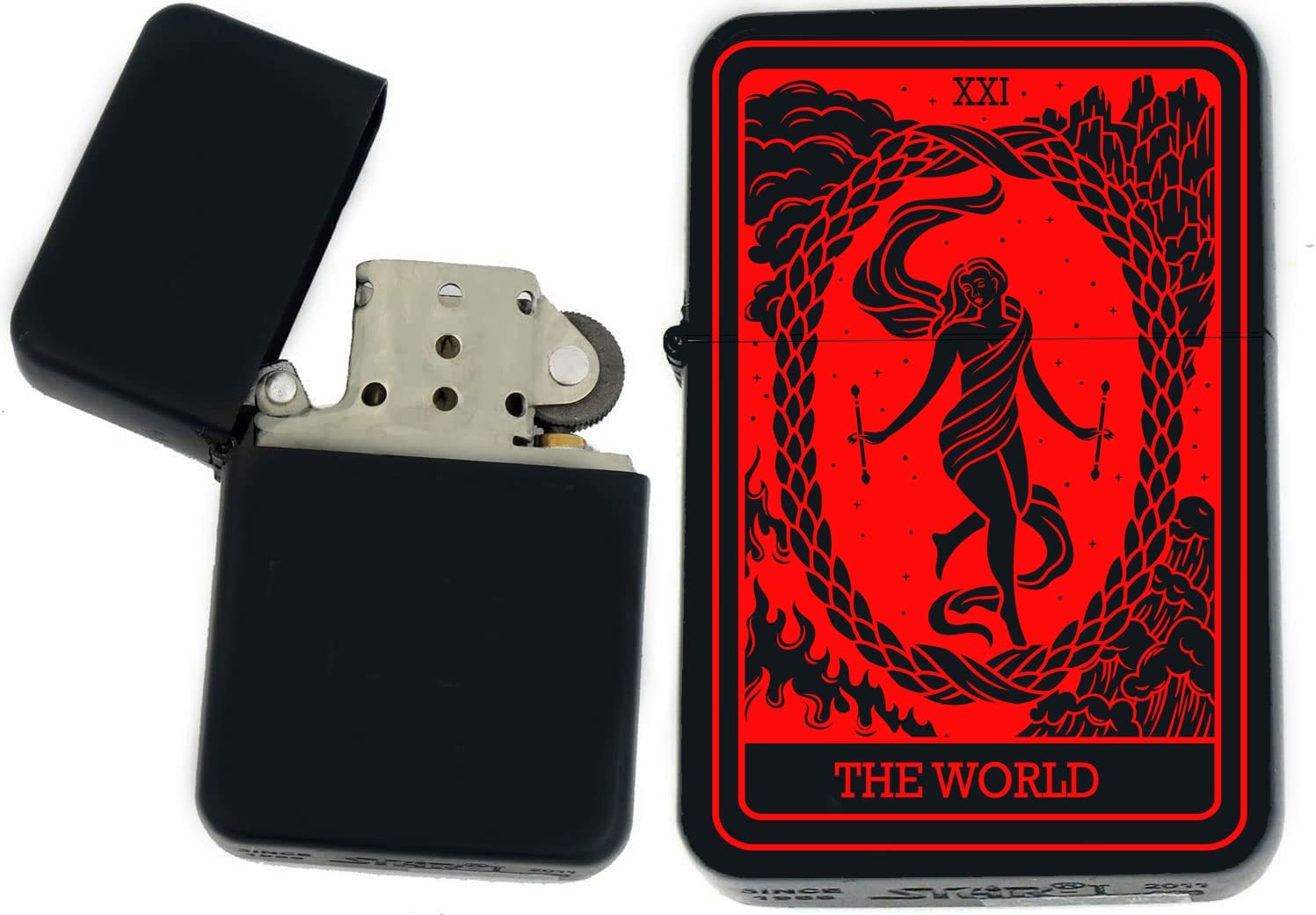 GIFTS INFINITY - Custom Tarot Card Windproof Lighters - Black Matt (The-World Red)