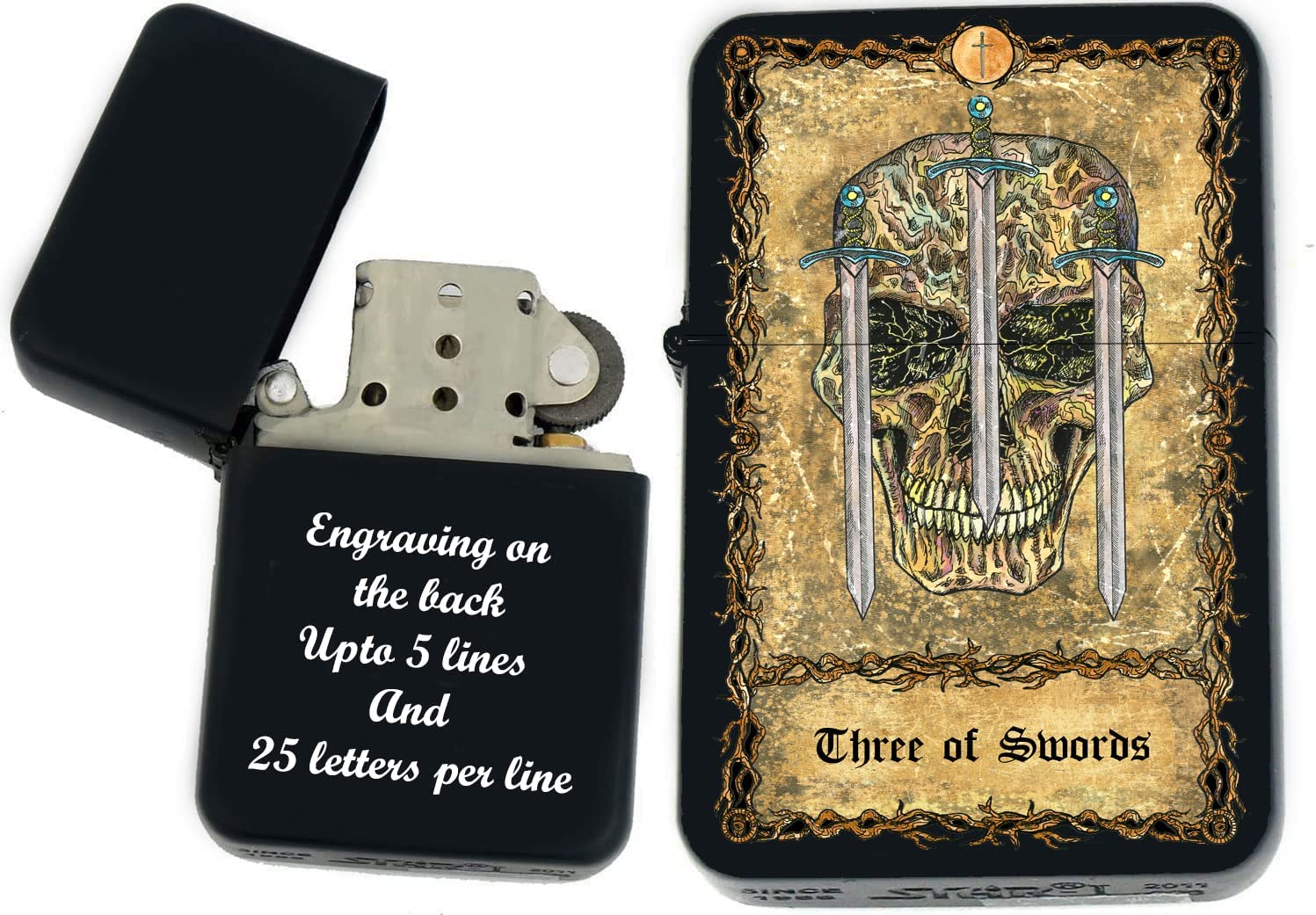 GIFTS INFINITY - Custom Tarot Card Windproof Lighters - Black Matt (Three of Swords)