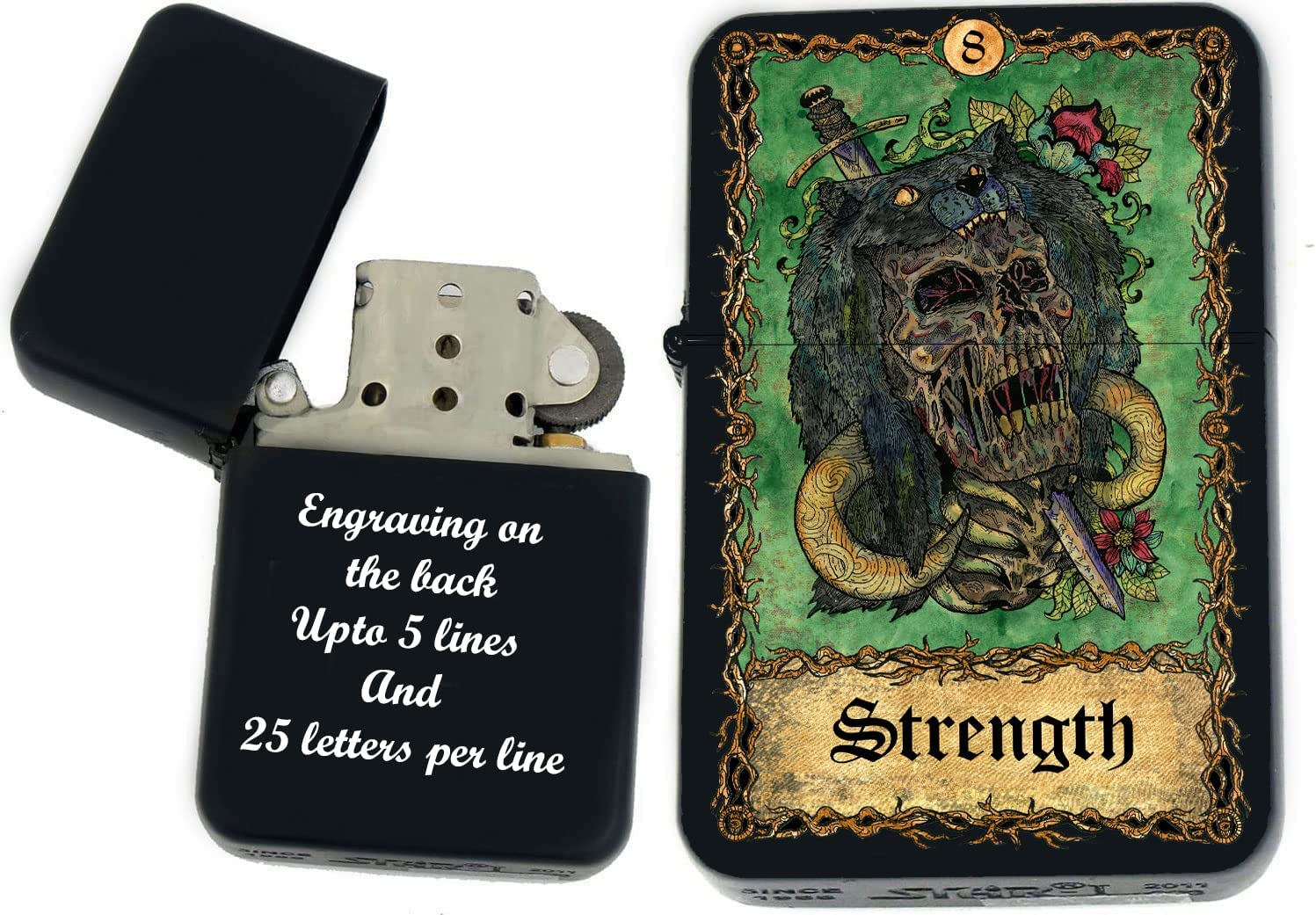 GIFTS INFINITY - Custom Tarot Card Windproof Lighters- Black Matt (Strength)