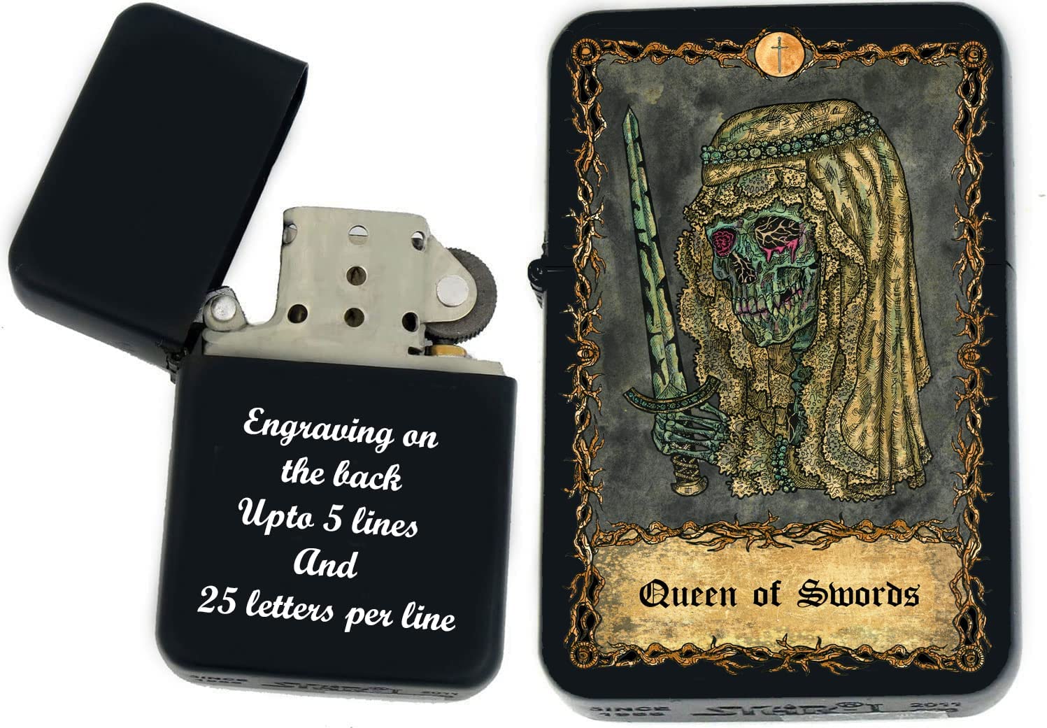 GIFTS INFINITY - Custom Tarot Card Windproof Lighters - Black Matt (Queen of Swords)