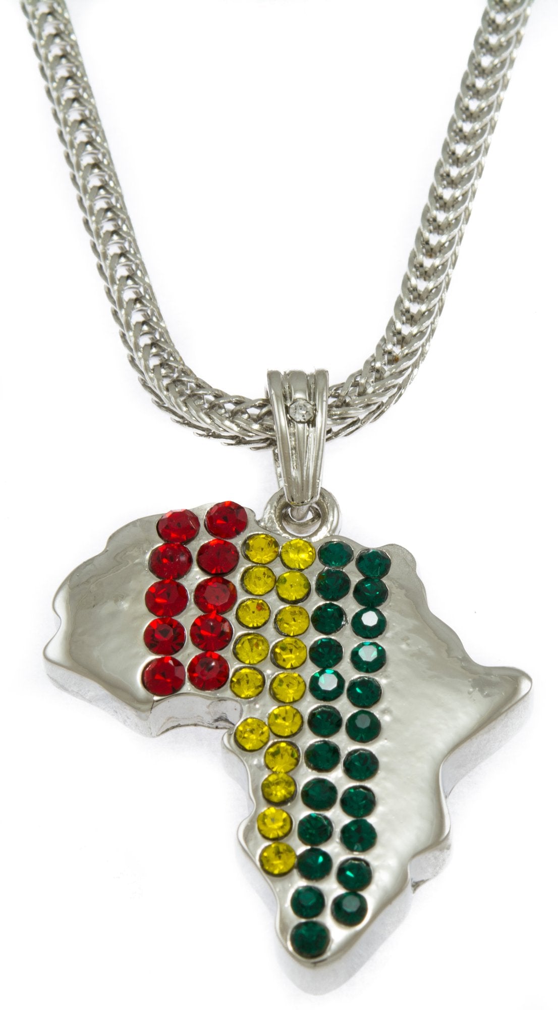 Unisex Hip-Hop Bling Iced Silver Tone Africa Rasta colors Pendant Stainless Steel Necklace Free 24" chain,