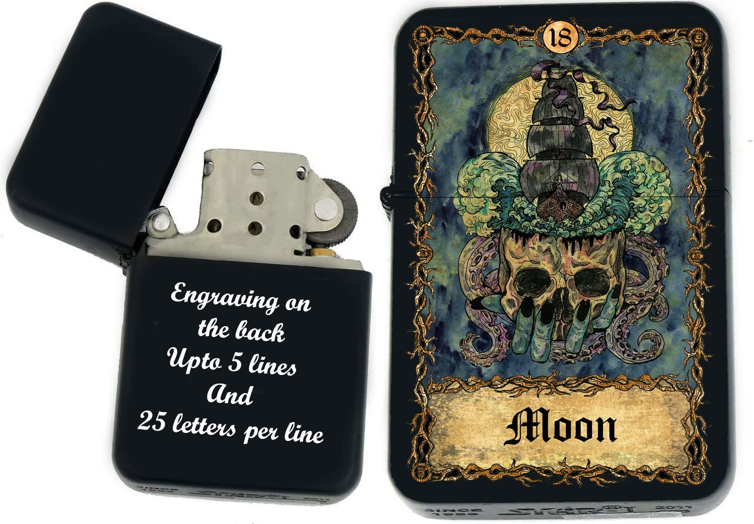 GIFTS INFINITY - Custom Tarot Card Windproof Lighters - Black Matt (Moon)