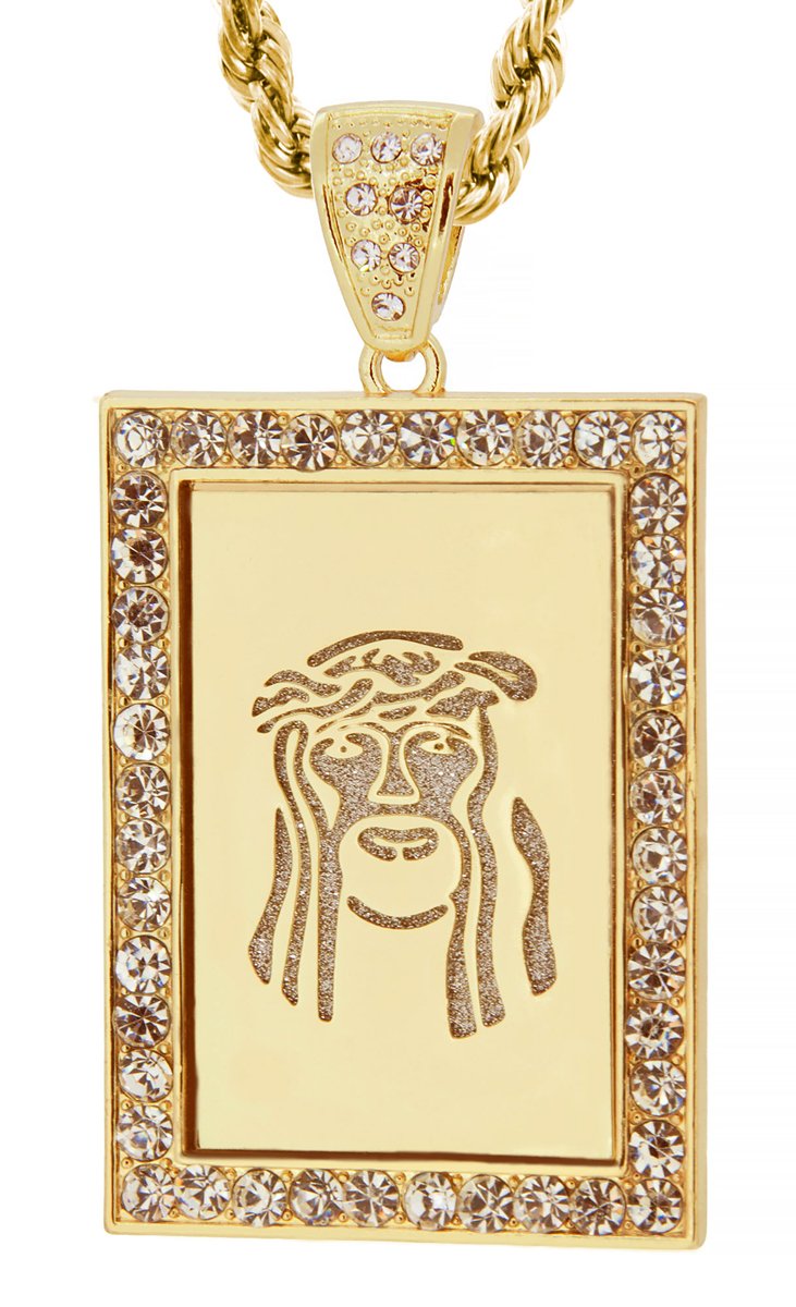 GIFTS INFINITY Gold Tone Rectrangle Jesus Face Pave Pendant with Free 30" Rope Chain