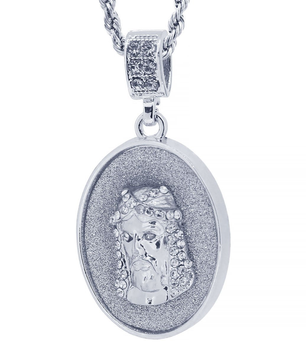 GIFTS INFINITY Silver Tone Round Jesus Face Pave Pendant Free 24" Rope Chain #2024