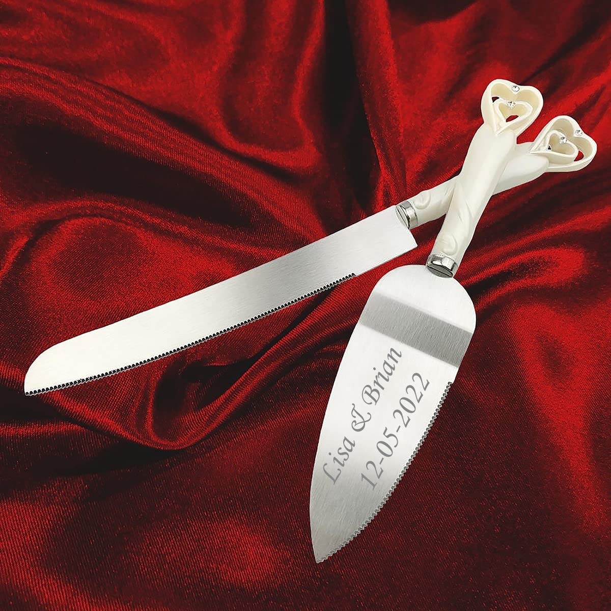 GIFTS INFINITY Personalized Wedding White Interlock Heart Cake Knife and Server Set Free Engraving (2401)