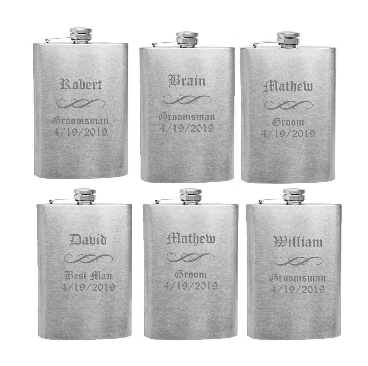 Personalized Engraved Flask Set of 6, Custom Engraved Flask, Engraved Wedding Flask, Engraved Hip Flask, Groomsmen Flasks (Silver Regular)