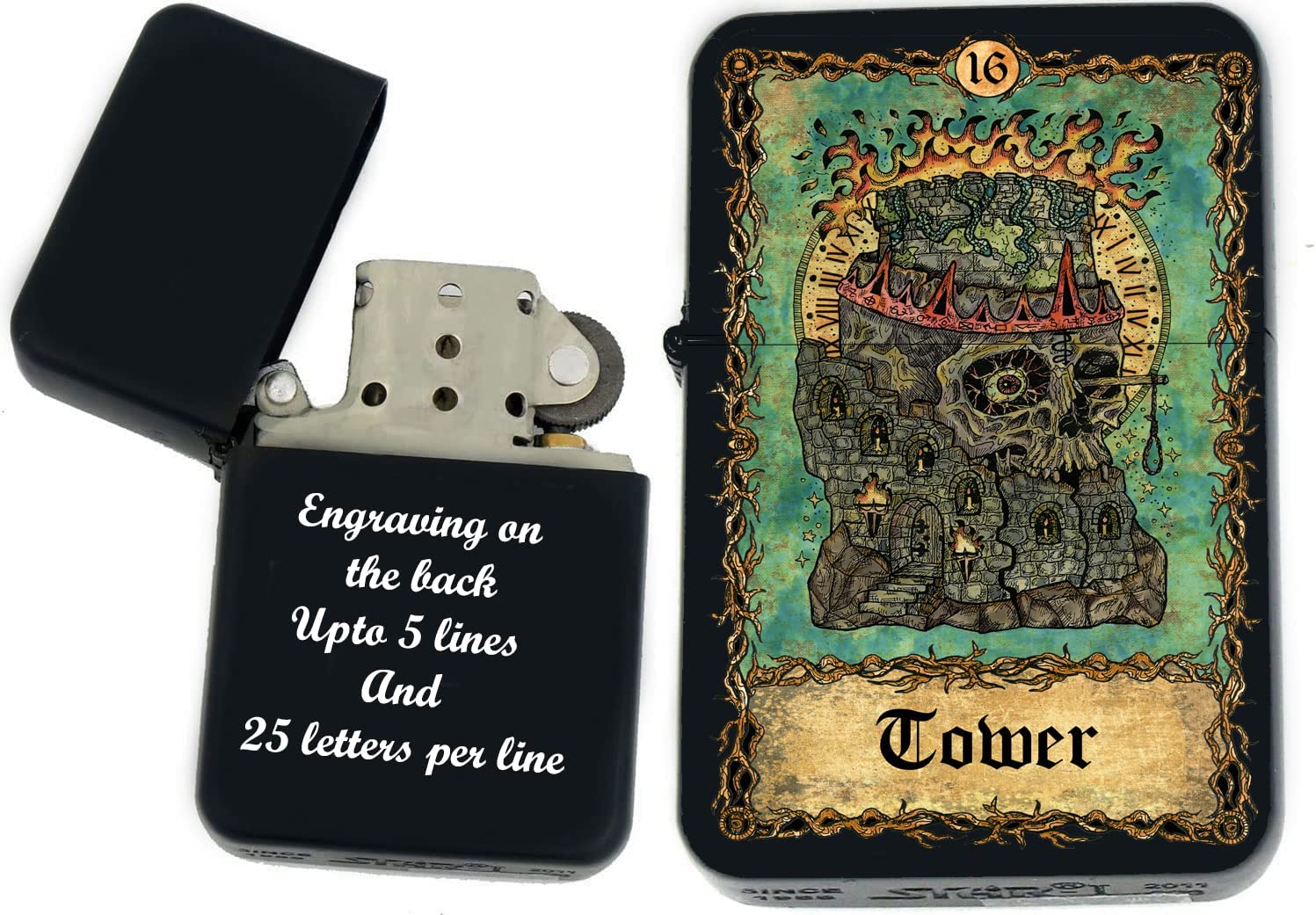 GIFTS INFINITY - Custom Tarot Card Windproof Lighters - Black Matt (Tower)