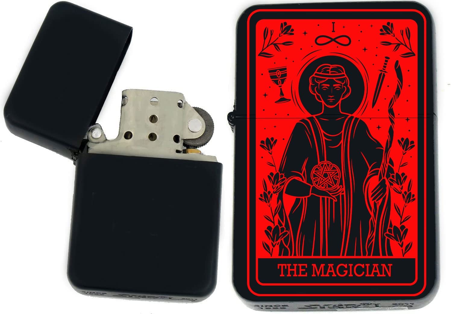 GIFTS INFINITY - Custom Tarot Card Windproof Lighters - Black Matt (The-Magician Red)