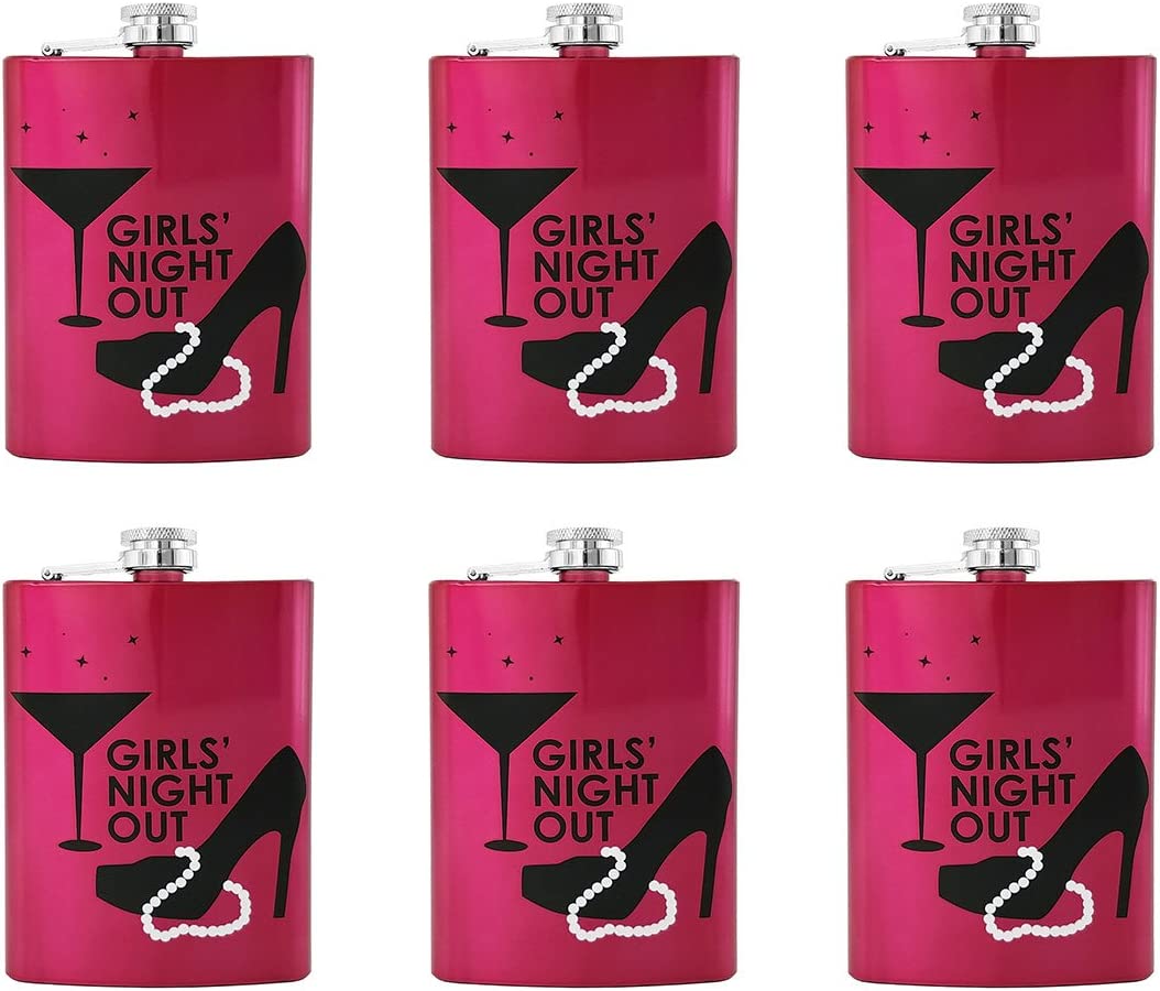 GIFTS INFINITY - Stainless Steel Hip Flask with Printed Text Girls Night Out - Set Of 6, Pink