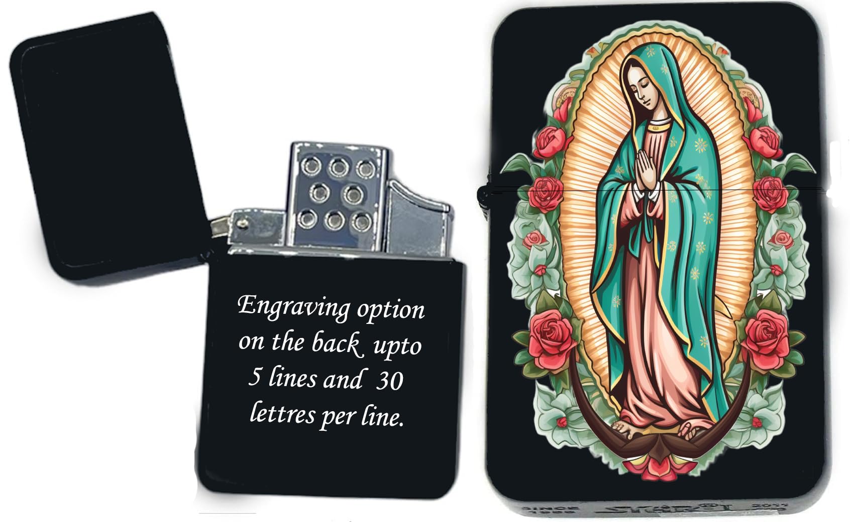 Our Lady of Guadalupe & Nuestra Señora de Guadalupe UV Printed Windproof Oil Lighter - Personalized Custom Engraving on The Back (GI-5) - Christmas, Halloween & Valentines Day Gift