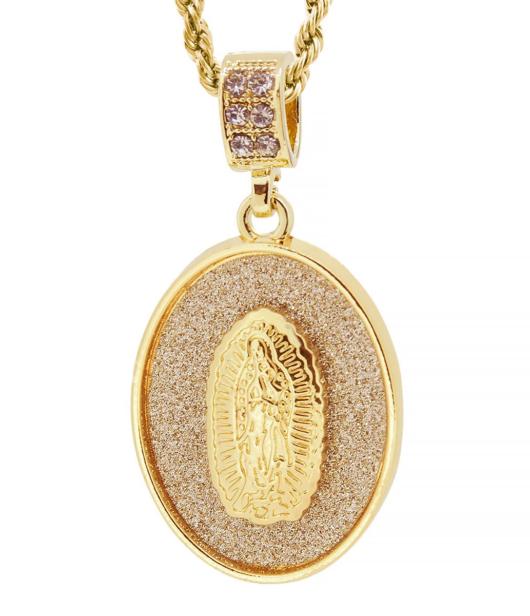 GIFTS INFINITY Gold Tone Oval Lady of Guadalupe Pave Pendant Free 24" Rope Chain #2040