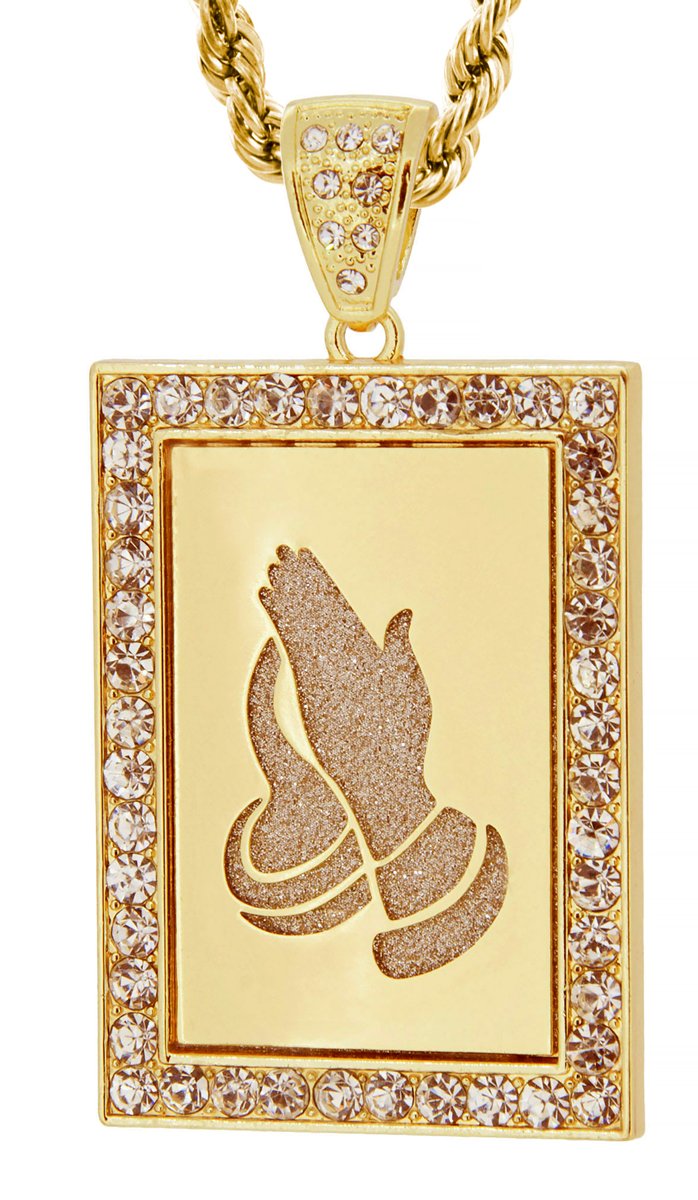 GIFTS INFINITY Gold Tone Rectrangle Pave Praying Hands Pendant with Free 30" Rope Chain