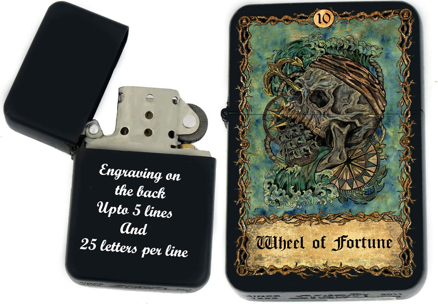 GIFTS INFINITY - Custom Tarot Card Windproof Lighters - Black Matt (Wheel of Fortune)