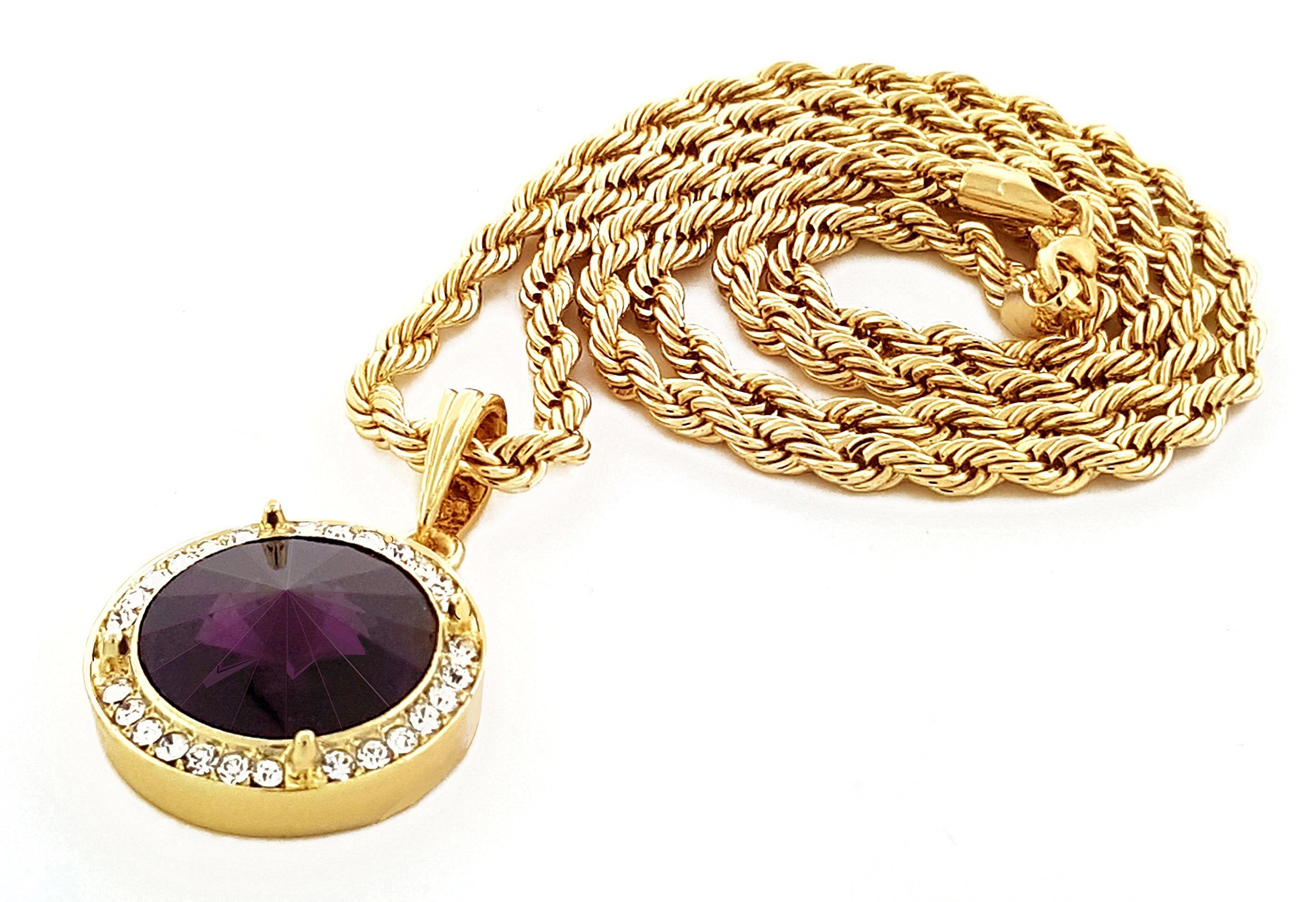 GIFTS INFINITY Round Gold Tone Synthetic Cz Stone Men Rick Ross Hip Hop Pendant Charm Free 24" Chain (Purple)