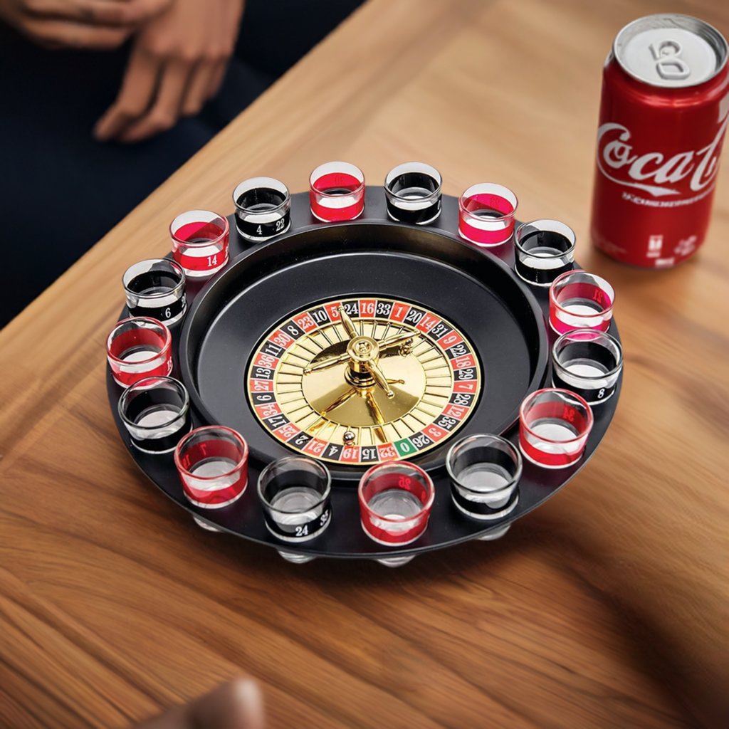 Roulette Set Entertaining Party Drinking Game - Shot Glass Roulette - Drinking Game Set (2 Balls and 16 Glasses)