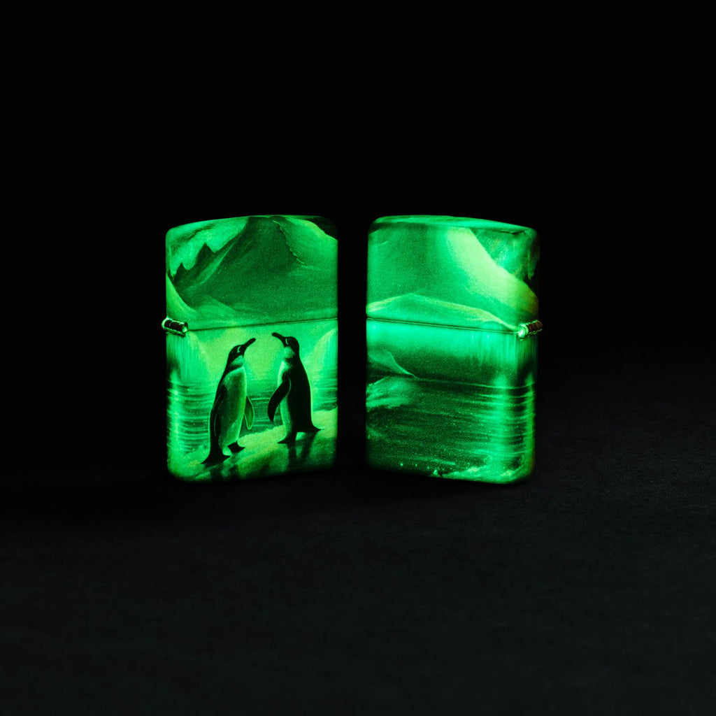 Zippo Penguin Design 540 Color Glow In The Dark Green Matte Lighter