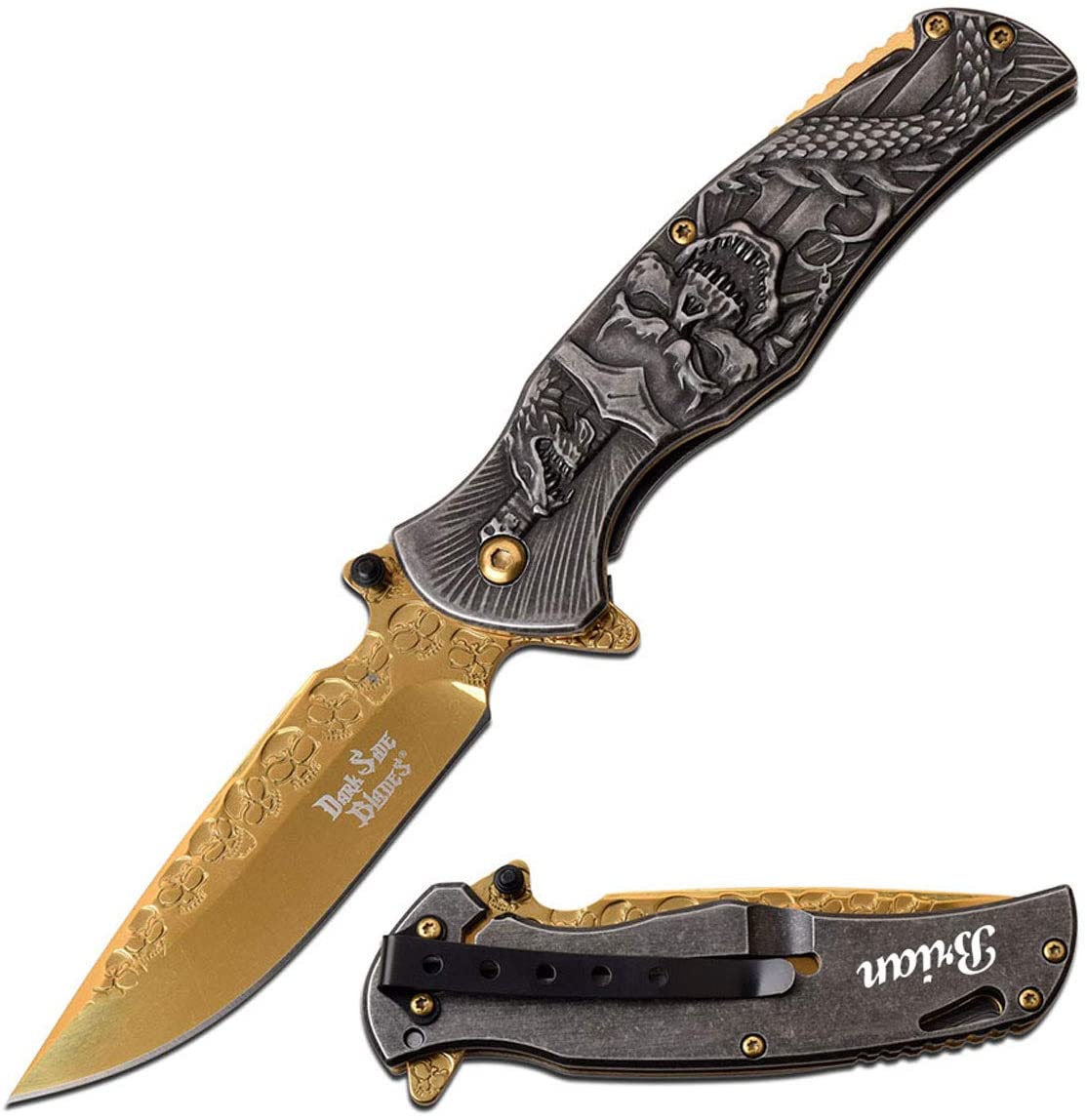 GIFTS INFINITY 8" Skull Folding Knife Tactical Pocket Knives Outdoor Survival Camping EDC Knife with Gold Mirror Blade