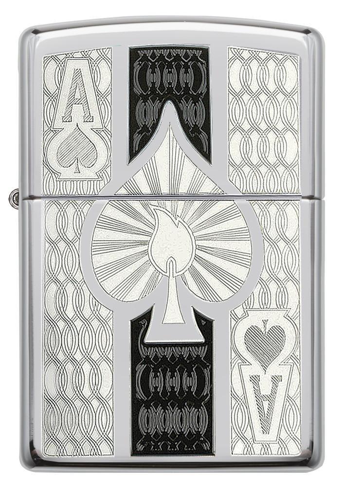 24196, Intricate Ace of Spades, Color Image & Auto Engrave, High Polish Chrome, Classic Case