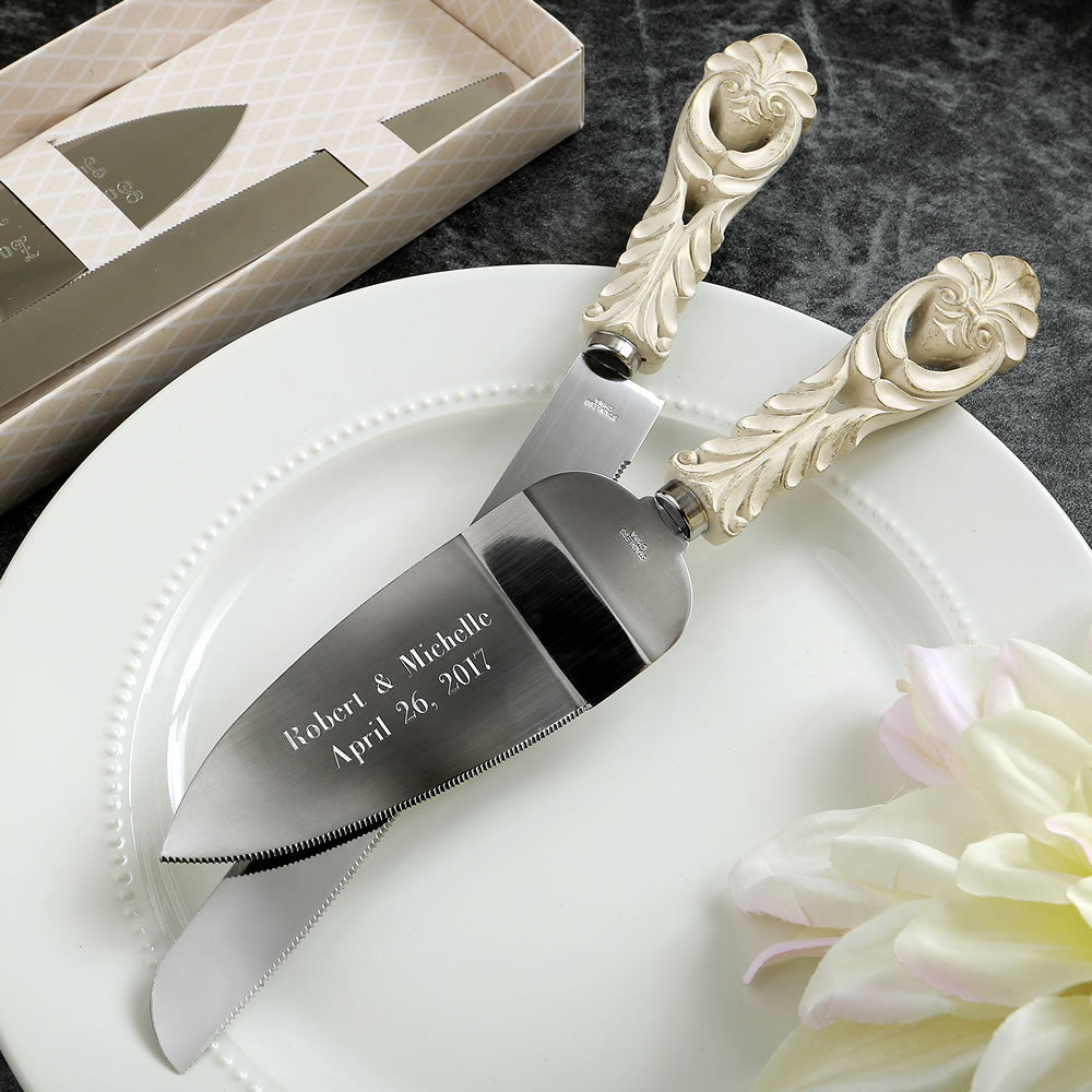 Personalized Wedding Cake Knife, Server and Fork Set - White