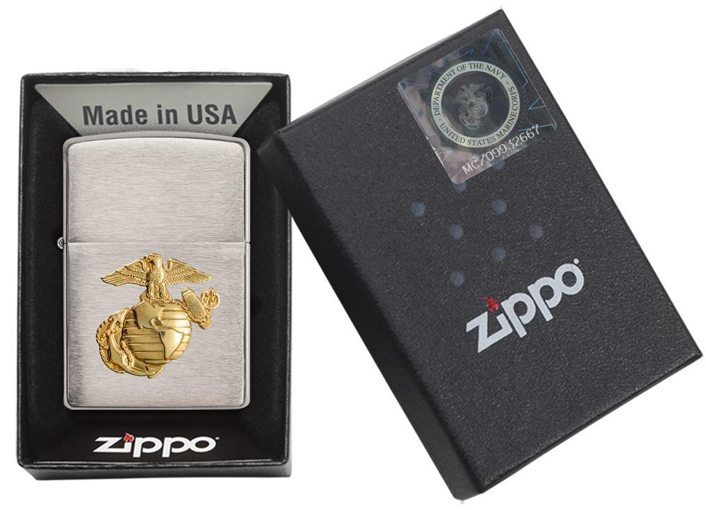 280MAR- United States Marine Corps Winproof Zippo Lighter, Brushed Chrome Finish & Brass Military Emblem