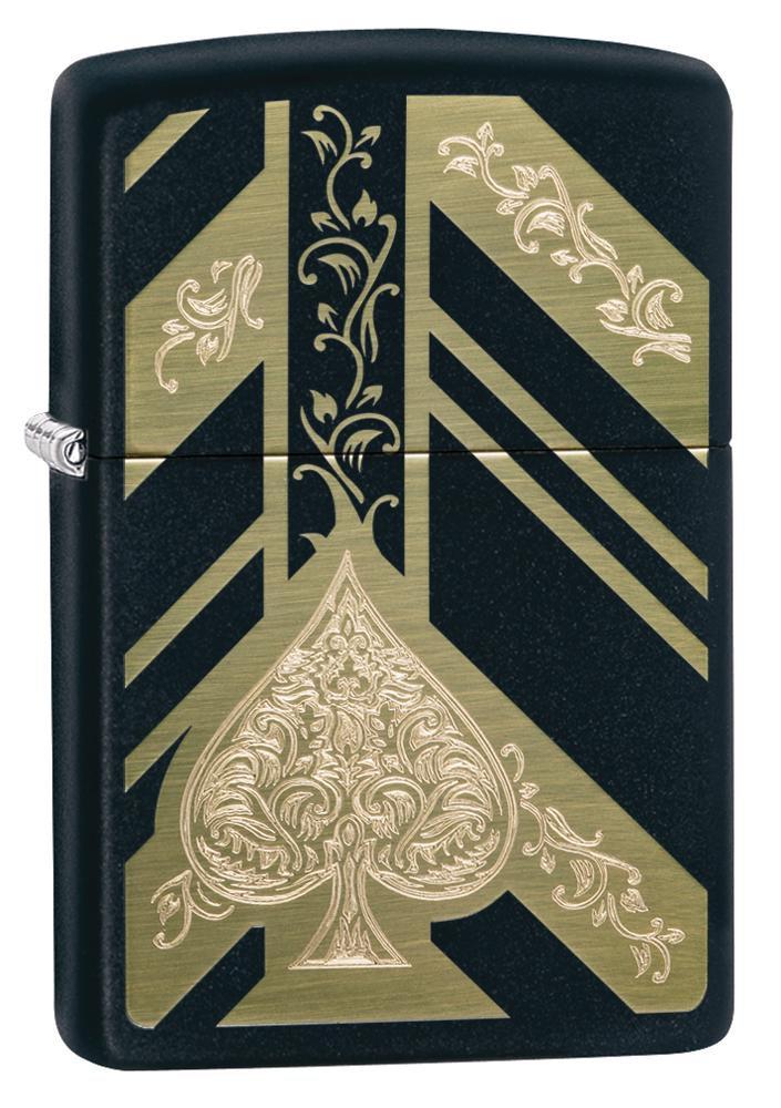 Black Matte Ace of Spades Windproof Lighter standing at a 3/4 angle