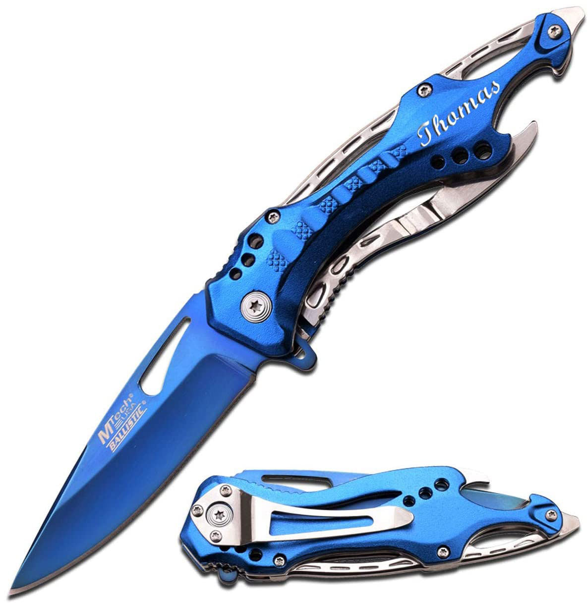 GIFTS INFINITY 4.5" Closed Personalized Engraved Folding Pocket Knife, Stainless Steel Tactical Blade Knife with Blue Silver Handle