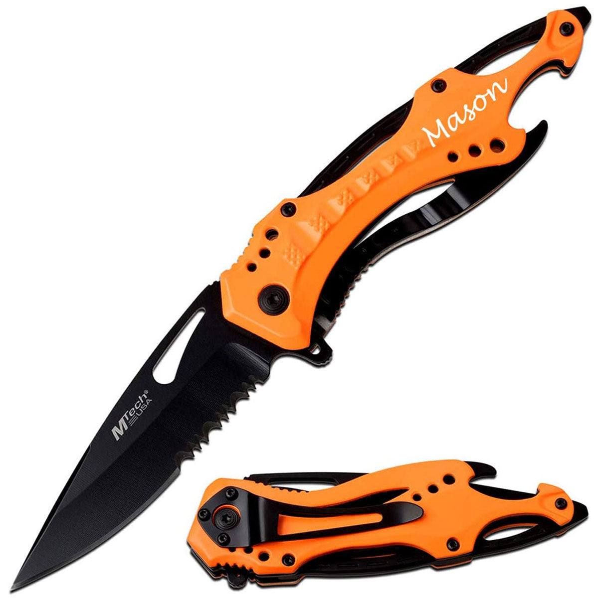 GIFTS INFINITY 4.5" Closed Personalized Engraved Folding Pocket Knife, Black Stainless Steel Tactical Blade Knife with Orange Handle