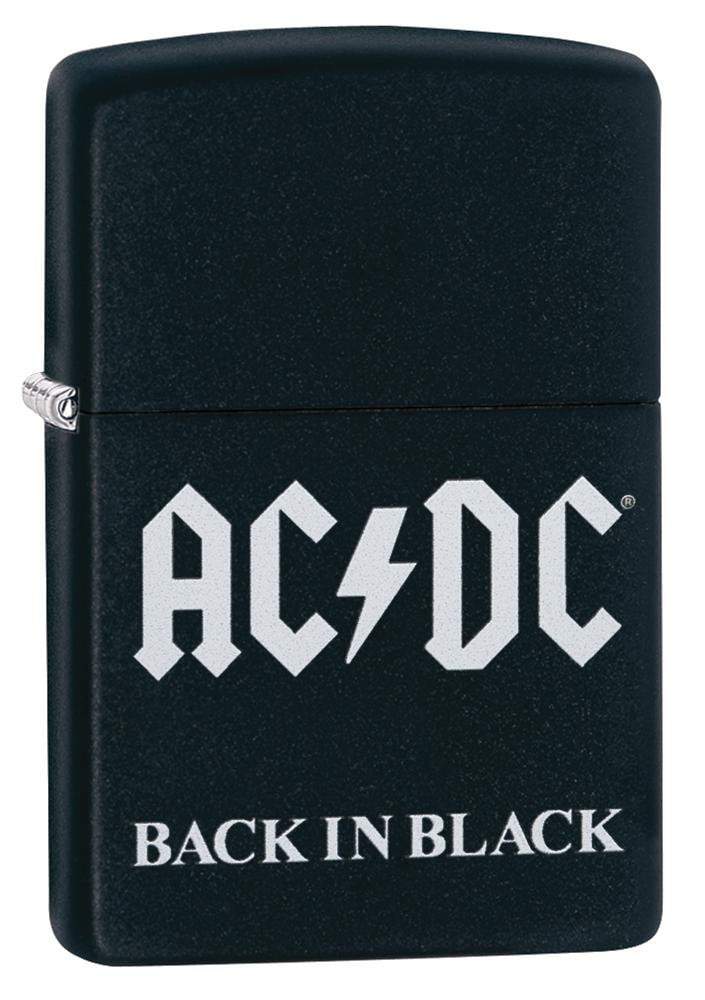 AC/DC® Back In Black windproof lighter standing at a 3/4 angle