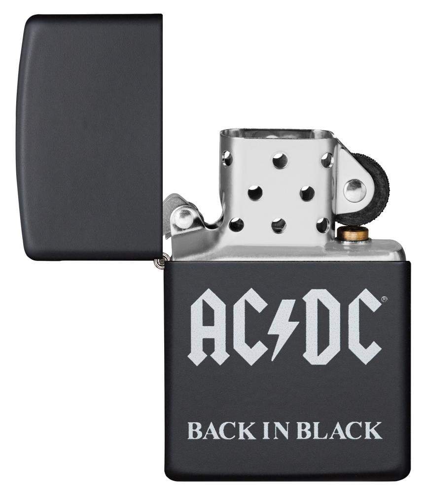 AC/DC® Back In Black windproof lighter with its lid open and unlit