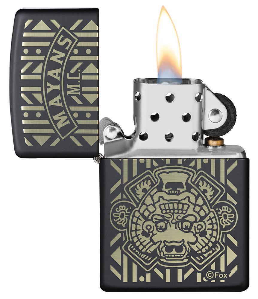 Mayans M.C. Black Matte windproof lighter with lid open and lit