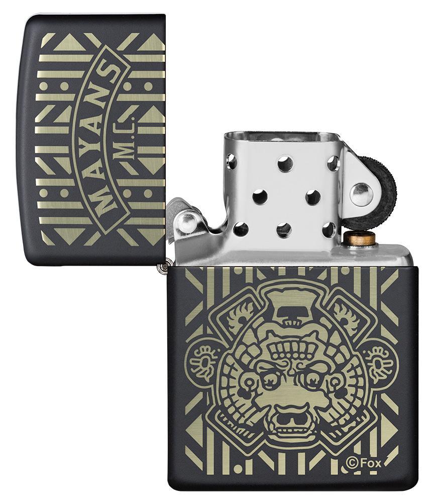 Mayans M.C. Black Matte windproof lighter with lid open and not lit