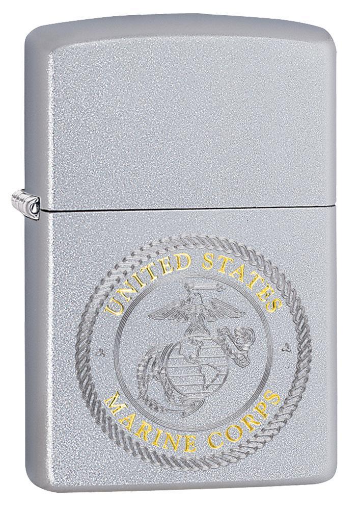 U.S. Marines Corps. Satin Chrome windproof lighter standing at a 3/4 angle, facing forward