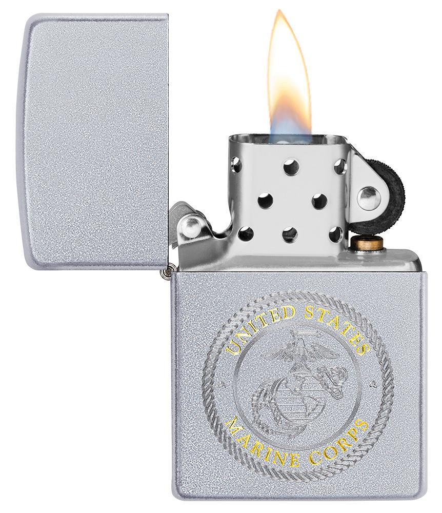 U.S. Marines Corps. Satin Chrome windproof lighter with lid open and lit