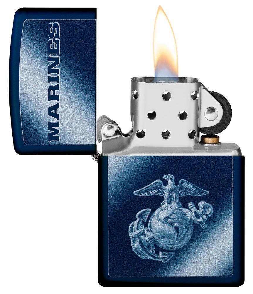 U.S. Marines Corps. Navy matte windproof lighter with lid open and lit