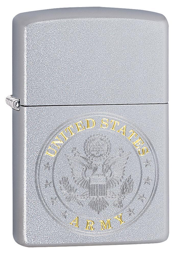 U.S. Army Satin Chrome windproof lighter facing forward at a 3/4 angle