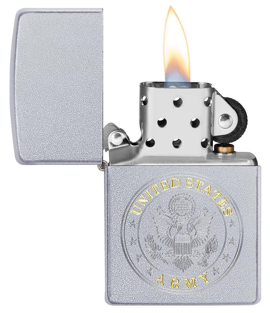 U.S. Army Satin Chrome windproof lighter facing forward at a 3/4 angle
