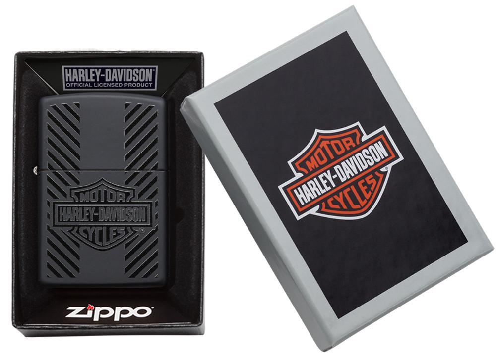 Harley-Davidson® Classic Logo Black Matte Windproof Lighter in its packaging